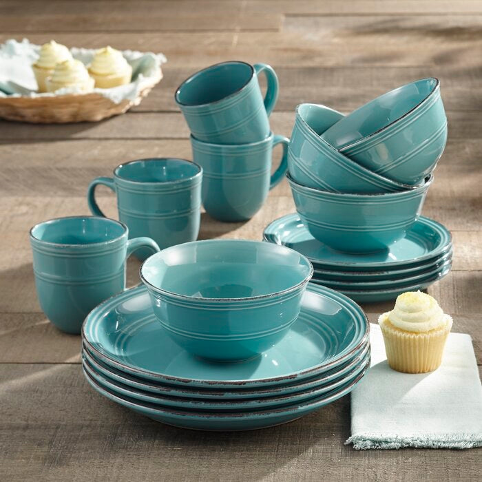 Annabelle 15 Pieces Dinnerware Set, Service For 4 Color Aqua Blue *AS IS #109HW