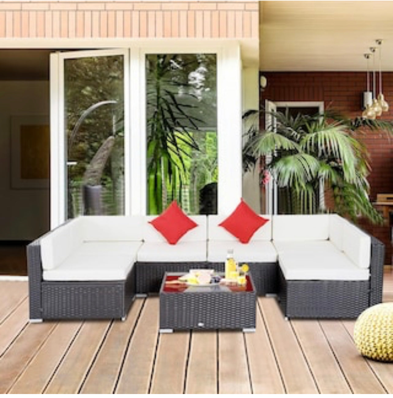 Patio Life Coffee Brown 7-Piece Wicker Patio Conversation Set with Cream White Cushions mrm2548