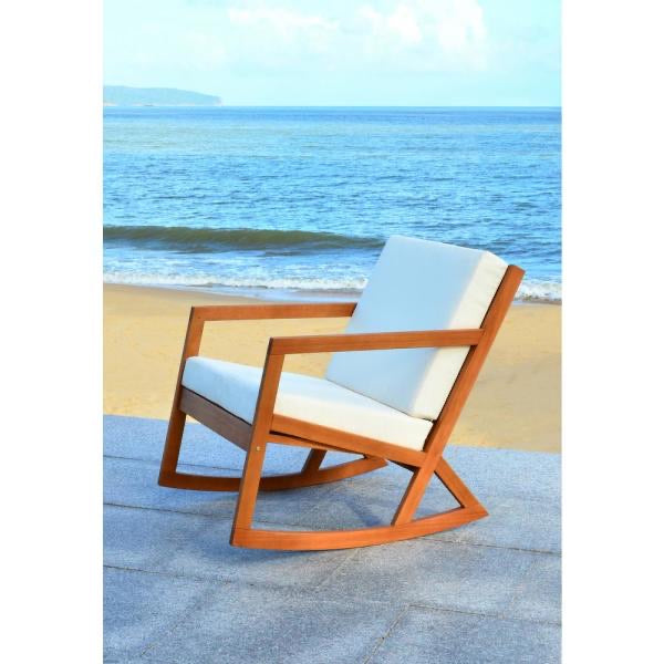 Vernon Teak Brown Wood Outdoor Rocking Chair with Beige Cushions - #110CE