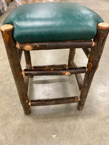 Rustic Wood 24” Accent Stool with Genuine Leather Seat Green AS IS(1912RR)