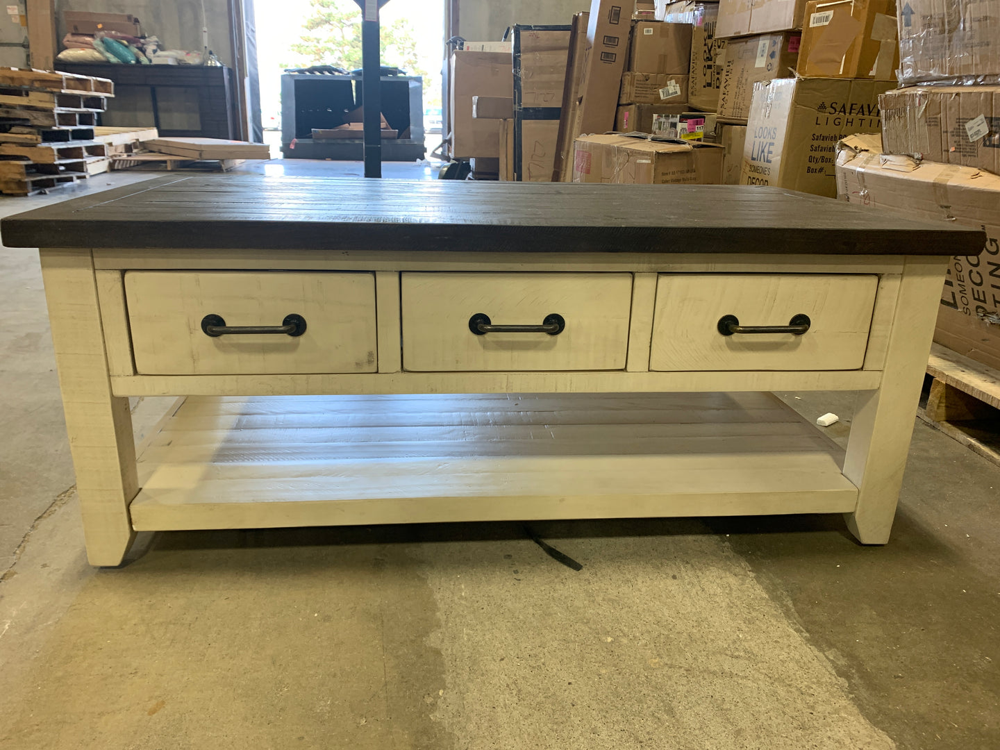 Farmhouse Whitewash Coffee Table with 3 Universal Drawers