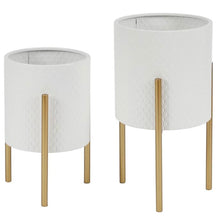 Load image into Gallery viewer, Luxen Home 2-Piece White Round Metal Planters and Gold Stand set of 2 #260-NT

