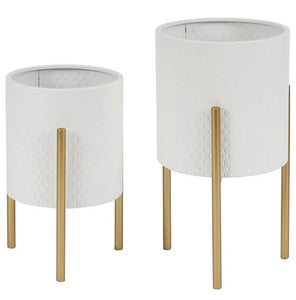 Luxen Home 2-Piece White Round Metal Planters and Gold Stand set of 2 #260-NT