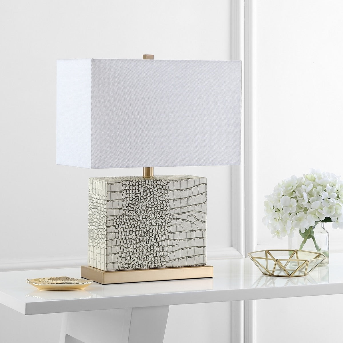 Delia 20.5 in. Cream/Brown Faux Alligator Table Lamp with Off-White Shade #595HW
