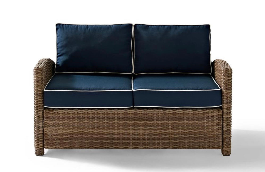 Crosley Bradenton Wicker Outdoor Loveseat with Navy Cushions #143-NT