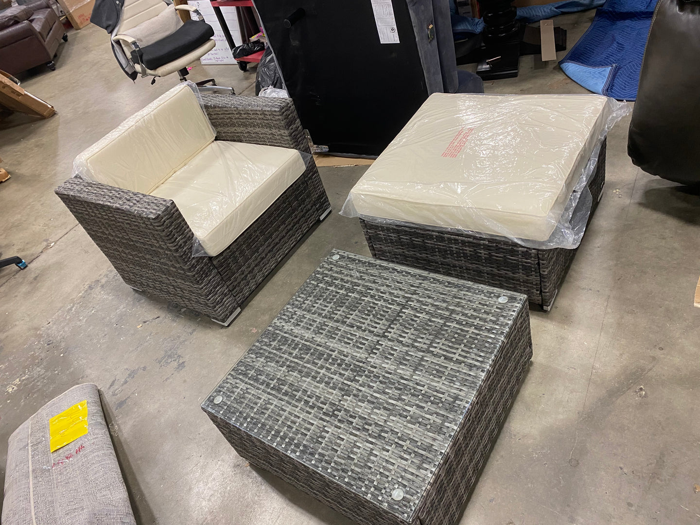 Tw Outdoor Wicker Chair with Ottoman and Glass Table Gray