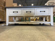 Load image into Gallery viewer, Farmhouse Whitewash Coffee Table with 3 Universal Drawers
