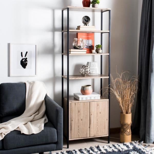 70.8 in. Oak/Black Metal 4-shelf Etagere Bookcase with Open Back(1593)