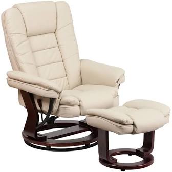Contemporary Multi-Position Recliner with Horizontal Stitching and Ottoman with Swivel Mahogany Wood Base in Beige LeatherSoft 7085