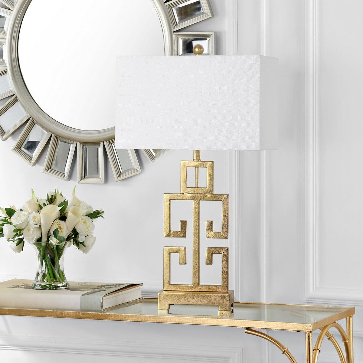 Safavieh Greek Key 1-Light Table Lamp in Antique Gold with Cotton Shade (Set of 2) 437CDR
