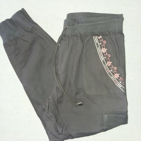 Women's Gray Joggers with Floral Embroidery