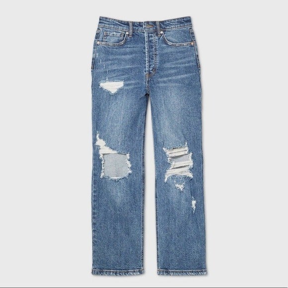 Women's High Rise Distressed Straight Jeans
