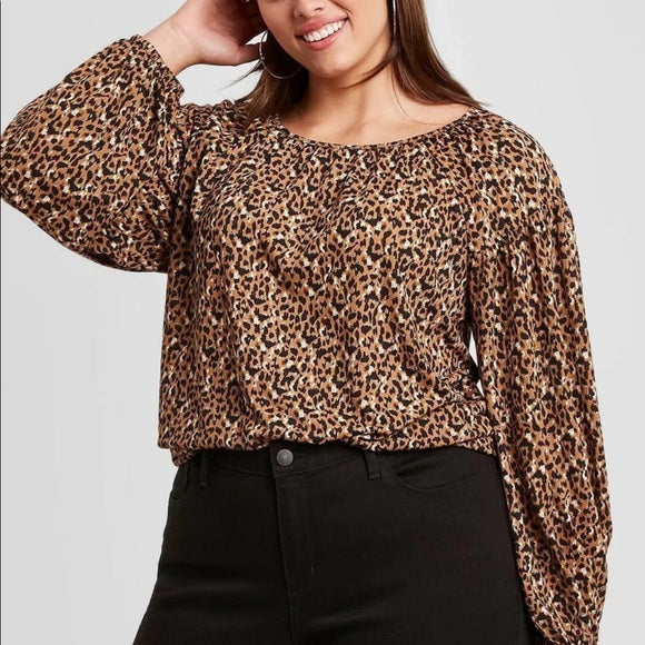 Women's Plus Size Tan Animal Print Long Sleeve Blouse