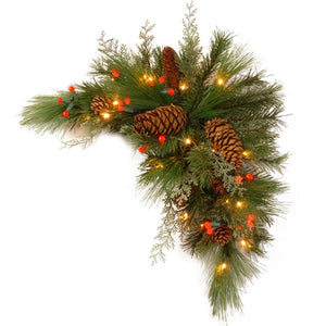 30 in. Decorative Collection White Pine Corner Swag with Battery Operated Warm White and Red LED Lights 758CDR