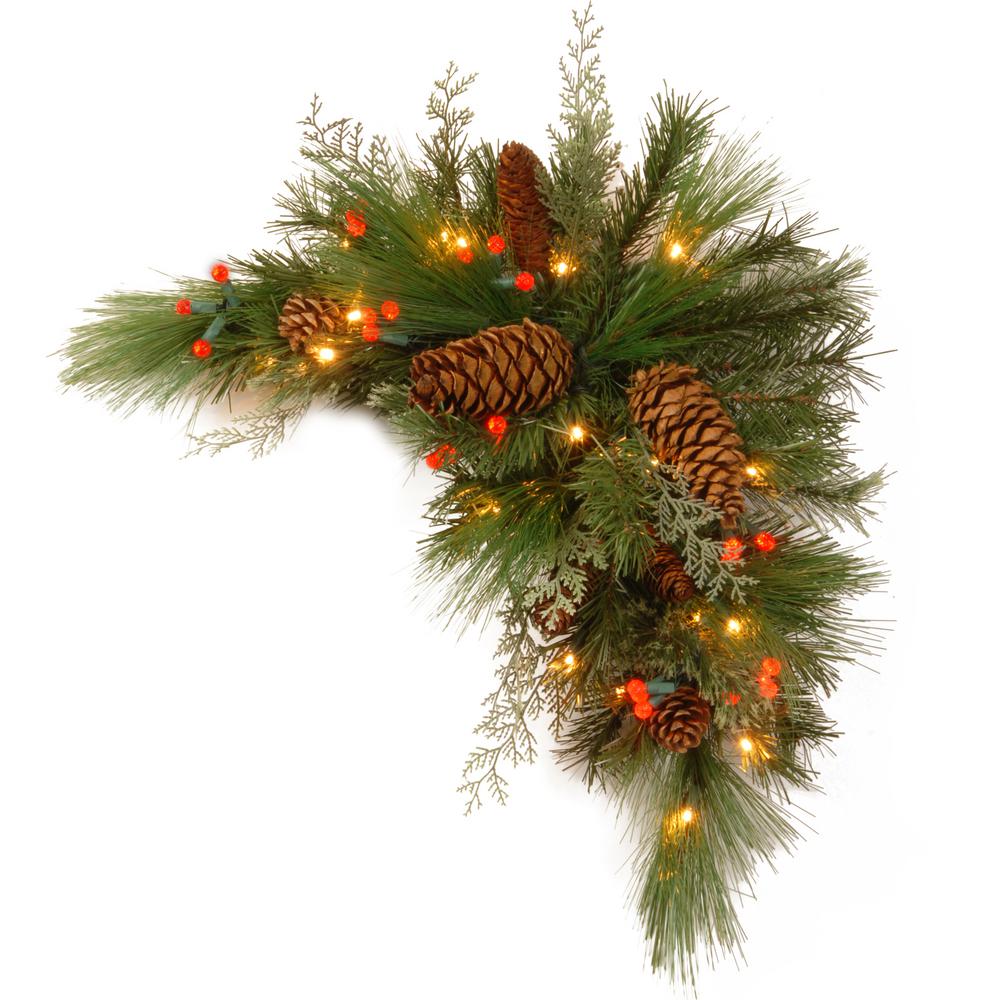 30 in. Decorative Collection White Pine Corner Swag with Battery Operated Warm White and Red LED Lights 758CDR