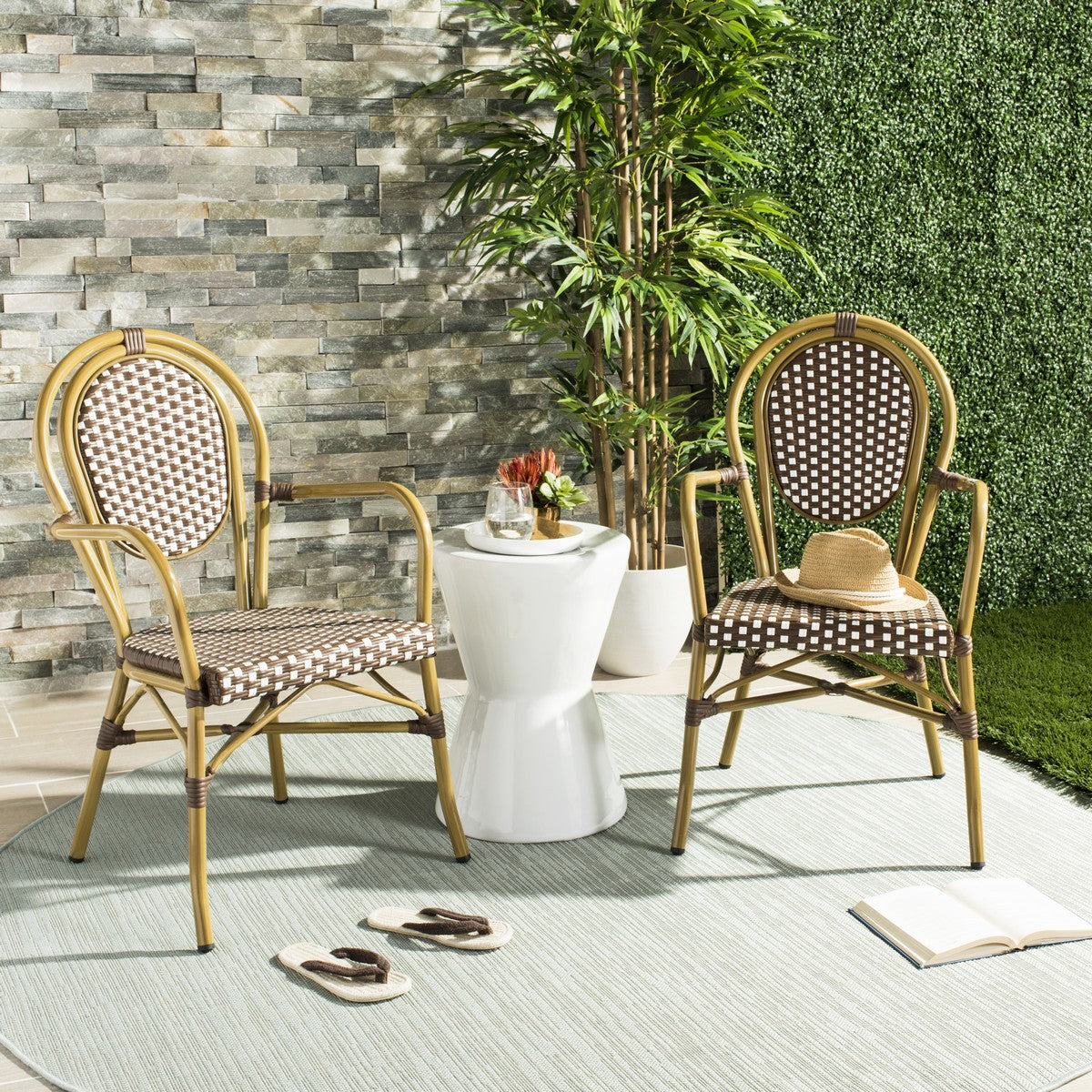 Rosen Brown/White Stackable Aluminum/Wicker Outdoor Dining Chair - Set of 2 (SB996)