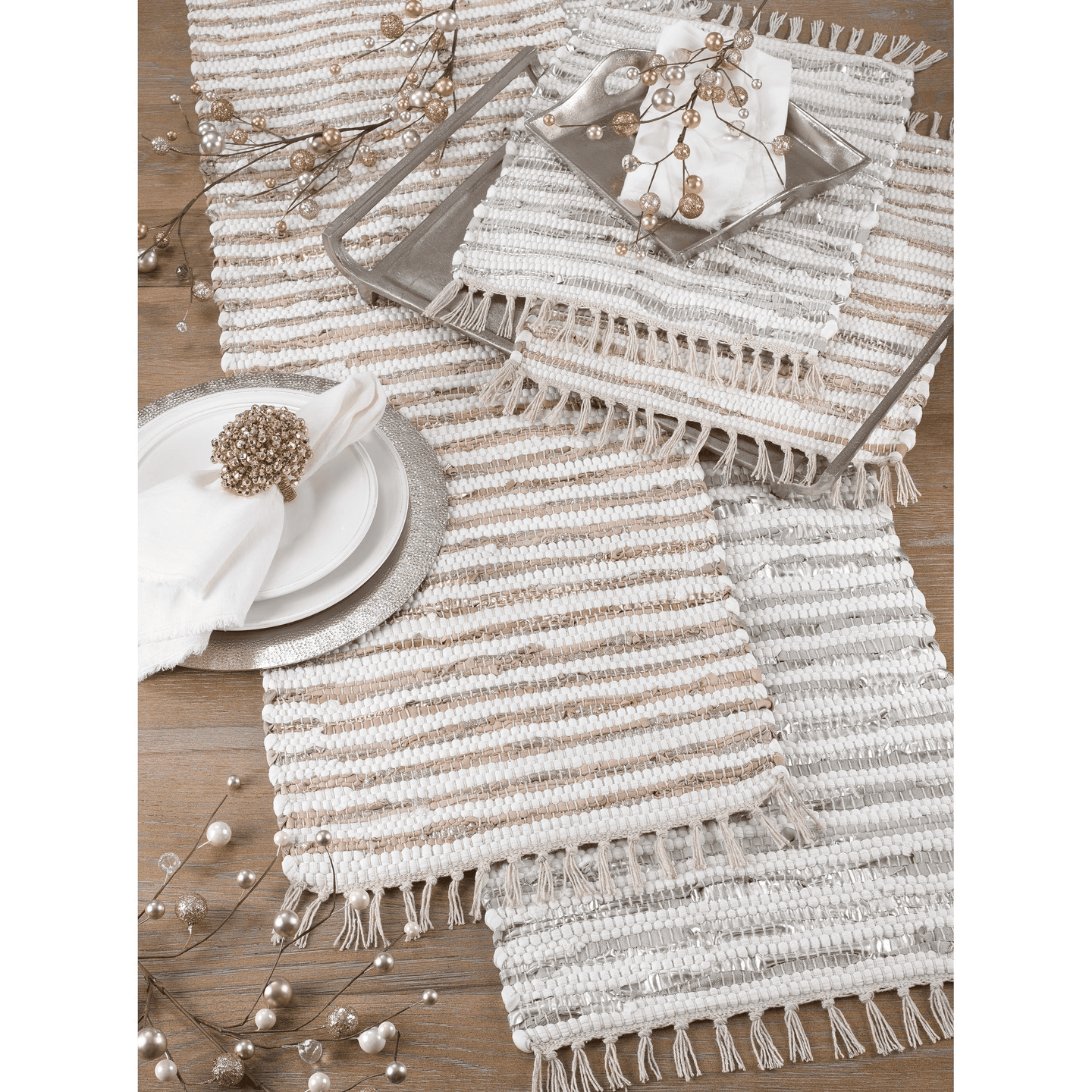 Striped Leather & Cotton Chindi Placemats Silver - Set of Four #9711