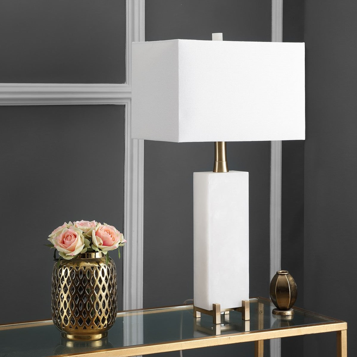 Sloane Alabaster 30 in. White/Brass Gold Table Lamp with Off-White Shade (SB321)