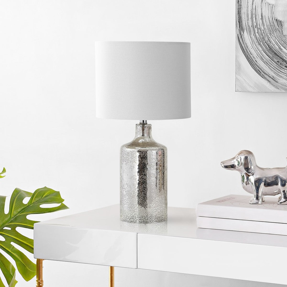 Danaris 19 in. Silver/Ivory Textured Table Lamp with White Shade (SB92)