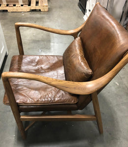 Home Meridian Brown Accent Arm Chair with Genuine Leather Seat and Wood Frame