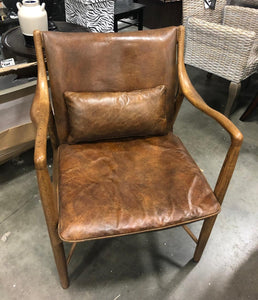 Home Meridian Brown Accent Arm Chair with Genuine Leather Seat and Wood Frame