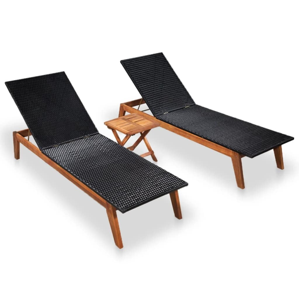 Sun Loungers set of 2 with Table Rattan & Solid Acacia Wood 2096