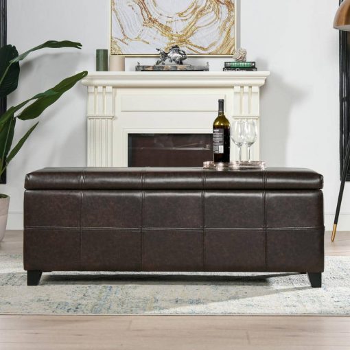 48 x 18 x 17.75 in. Vintage Brown Faux Leather Upholstered Storage Accent Bench